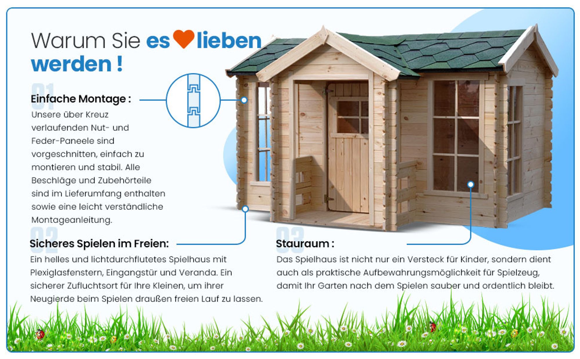 Kinderspielhaus aus Holz - B241xT178xH151 cm/2.63m2 - Timbela M520