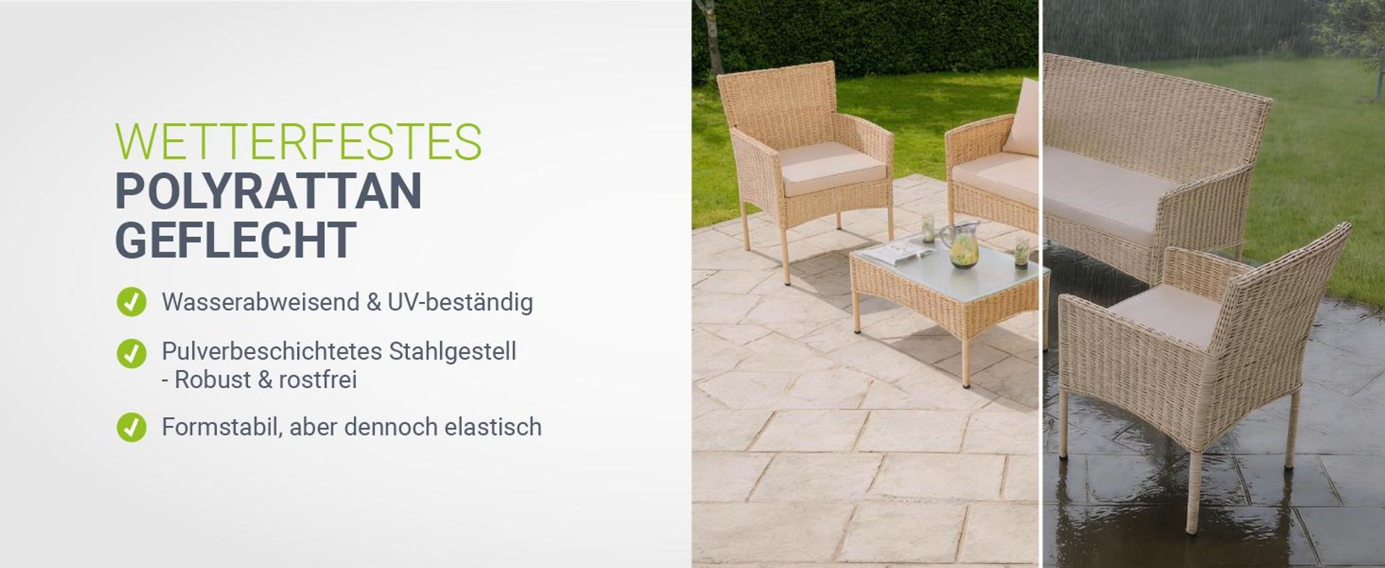 Juskys Polyrattan Gartenmöbel-Set Fort Myers - Tisch, Sofa & 2 Stühle - creme