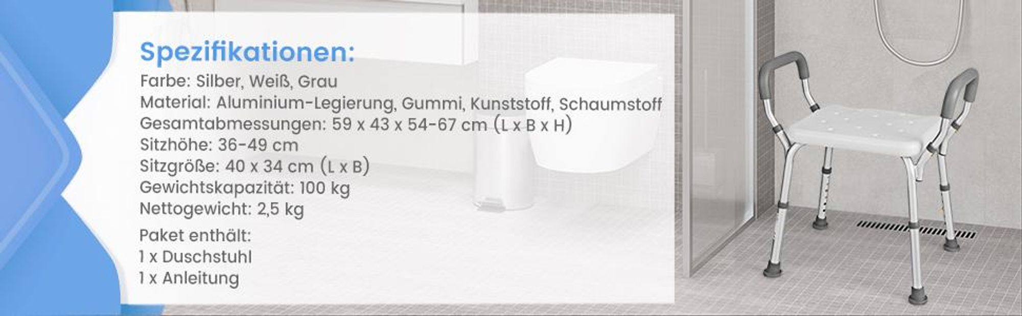 COSTWAY Duschbank mit abnehmbaren, gepolsterten Armlehnen & rutschfesten Gummifüßen, 6-stufig höhenverstellbarer Badehocker, medizinischer Duschstuhl