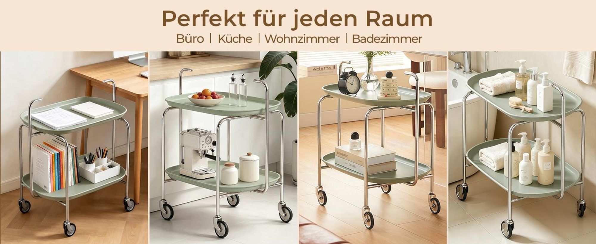 Küchenwagen mit Rollen 3 Etagen, Servierwagen Rollwagen, Mobiler Aufbewahrungswagen mit Griff, 360° Rollen und Bremsen, Grün