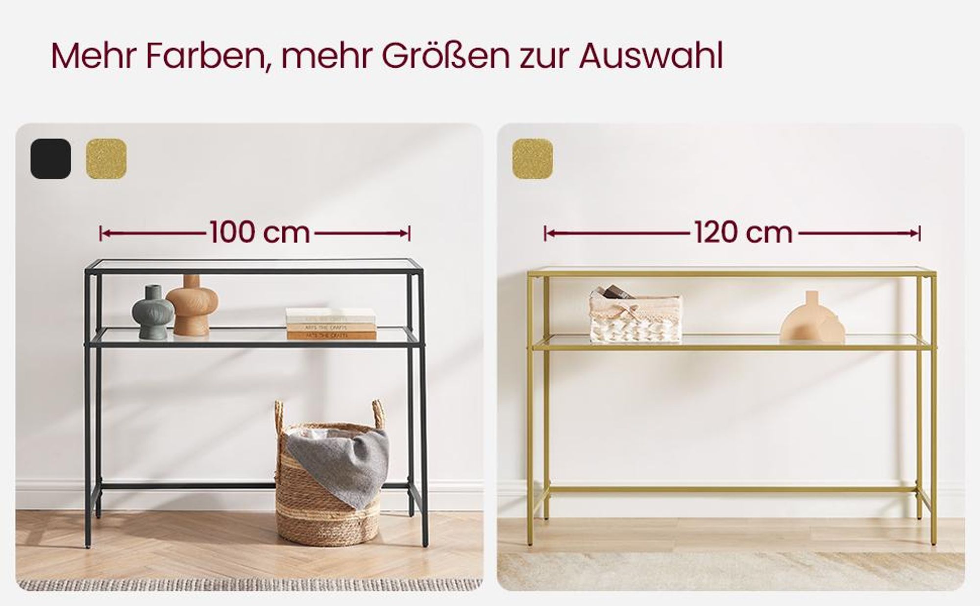 VASAGLE Konsolentisch, Flurtisch, 3 Ebenen, Beistelltisch, Ablagen aus Hartglas, 100 x 30 x 73 cm, Metallgestell, modern, Flur, Wohnzimmer, schwarz