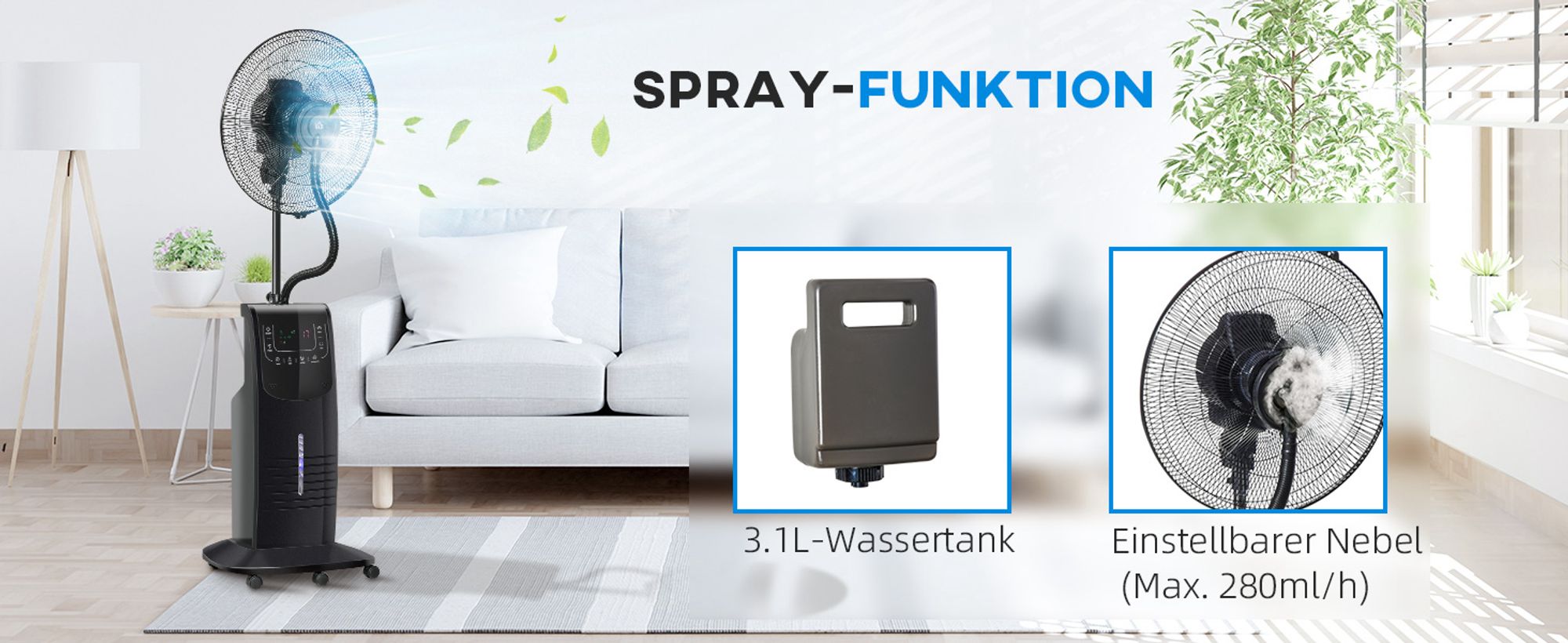 HOMCOM Standventilator mit 3,1L Wasserzerstäuber Ventilator Nebelfunktion 3 Modi