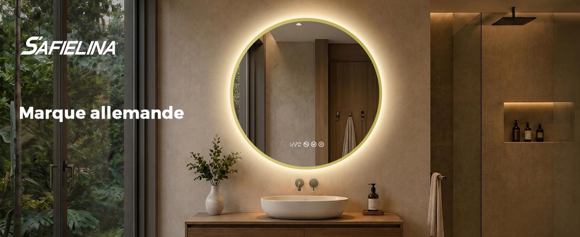 S'AFIELINA Miroir Salle de Bain LED Rond 70 cm avec Éclairage, cadre doré, 3 températures de couleur, variateur, antibuée, horloge & température