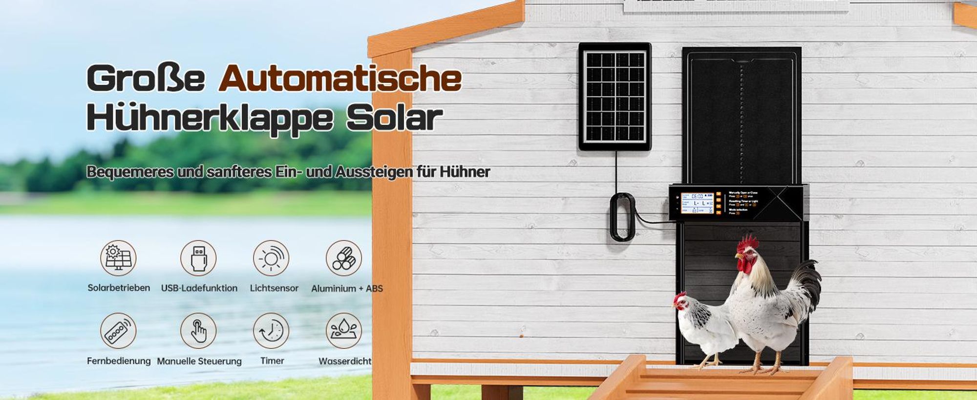 Automatische Hühnerklappe, Große Automatische Hühnertür Solar, Wasserdicht, mit LED Display, Timer, Lichtsensor, Fernbedienung, Einklemmschutz