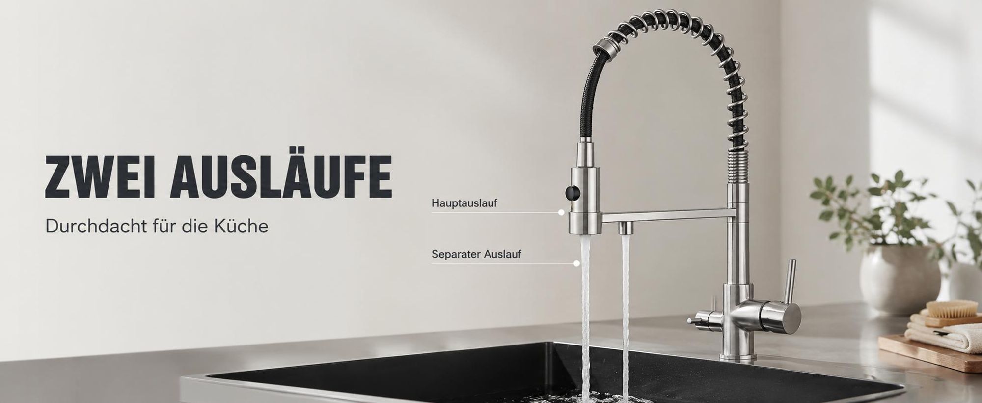 3-Wege Küchenarmatur Solid Spring mit Wasserfilter-Anschluss, herausziehbare Brause, 360° schwenkbar, getrennte Wasserwege, Keramikkartusche Schwarz-matt