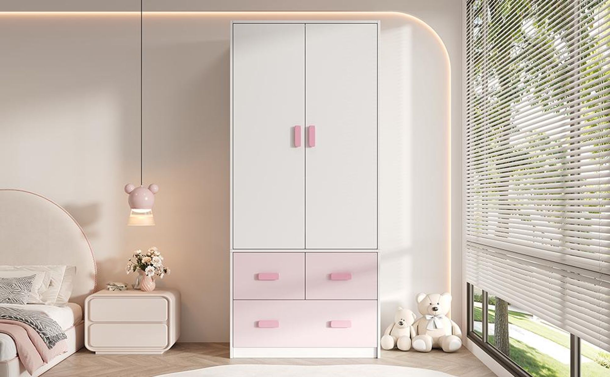 Merax 2-türiger Kleiderschrank 80x48x180 cm, Kinder-Kleiderschrank mit Kleiderstange und 3 Schubladen, Schlafzimmermöbel, Weiß + Rosa