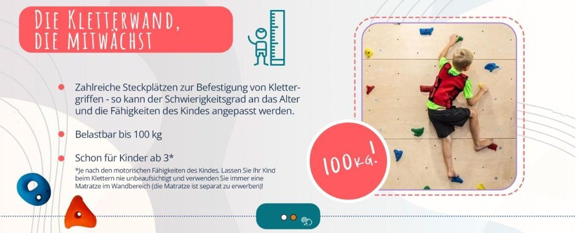 Create for you® - Kletterwand Kinderzimmer + 30 Klettersteine, Indoor, 150x225cm