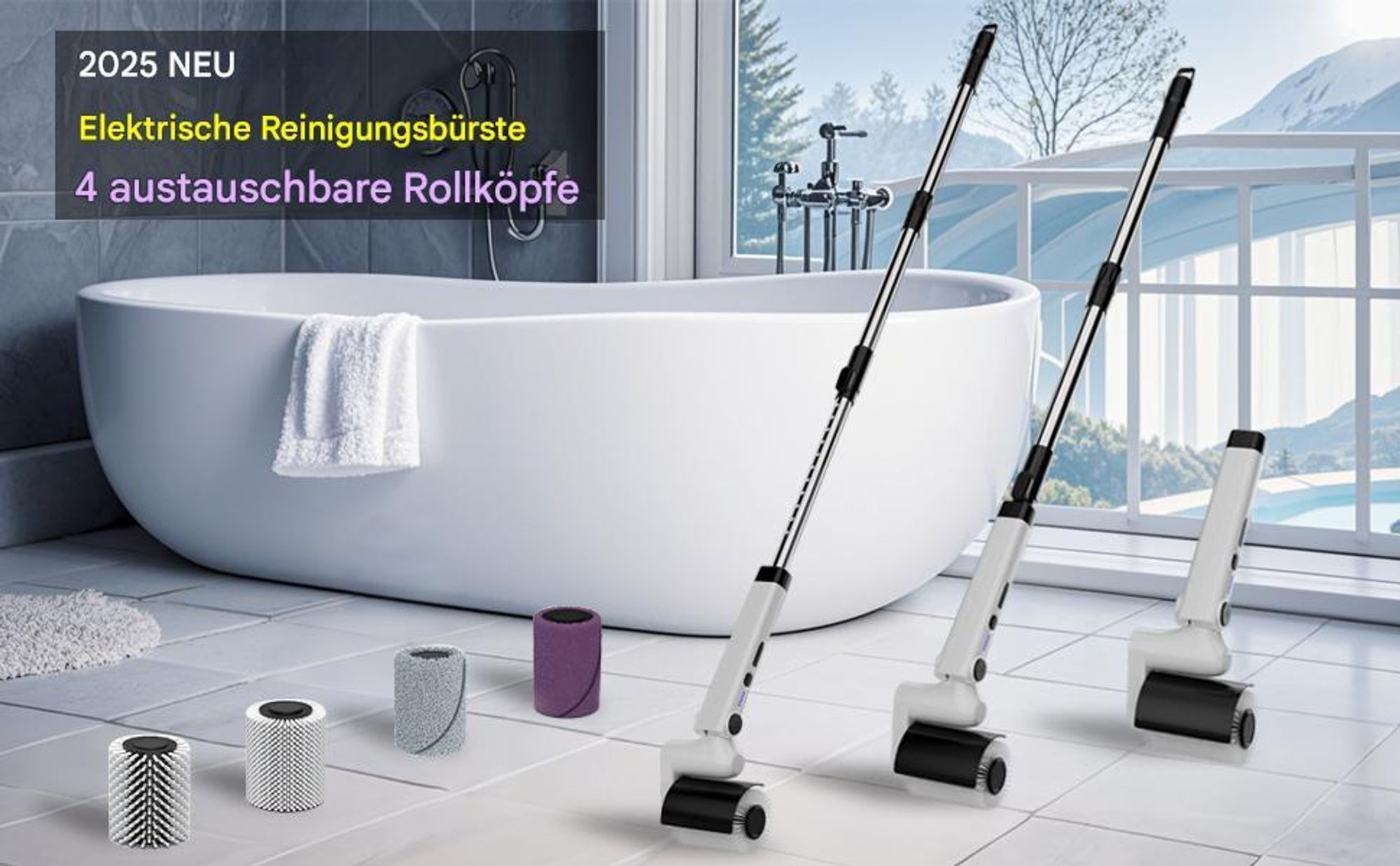 Elektrische Reinigungsbürste mit 4 Aufsätzen – 2 Geschwindigkeiten, wasserdicht (IPX7), kabellos & teleskopierbarer Stiel, für Bad, Küche,Fliesen,Auto