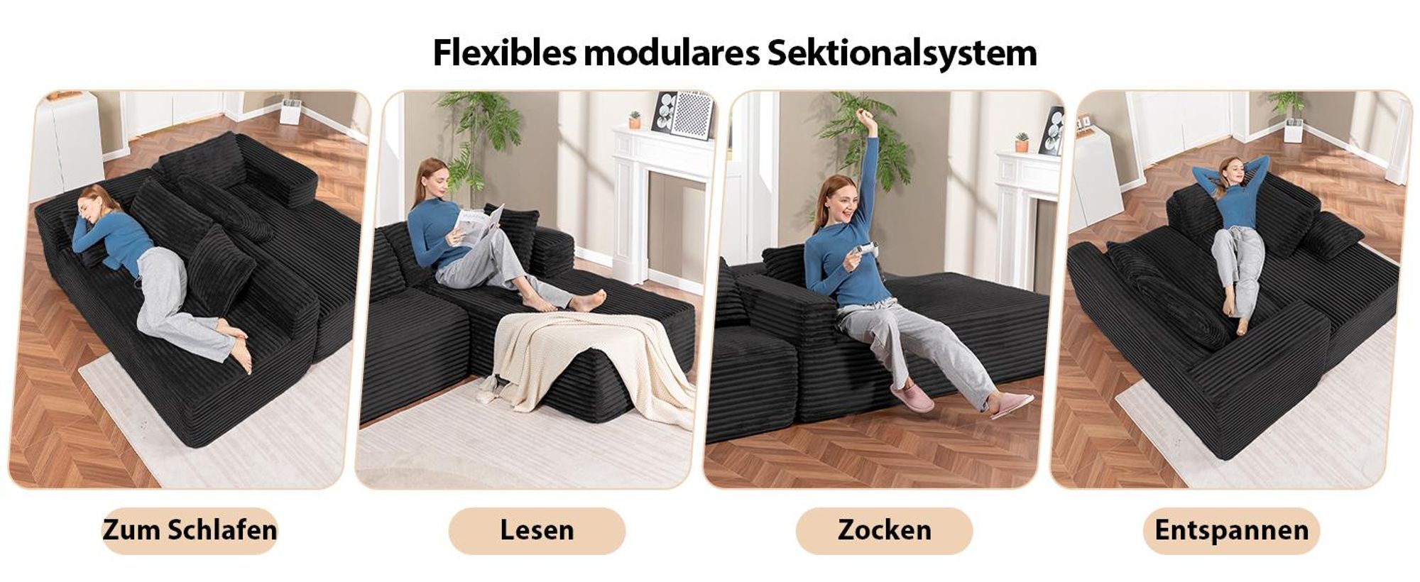 COMHOMASofa Big-Sofa, L-förmige Sofa, Couch Ecksofa, Chaiselongue Schlafsofa mit tiefer Sitzfläche und breiten Armlehnen, Cordstoff, schwarz-L