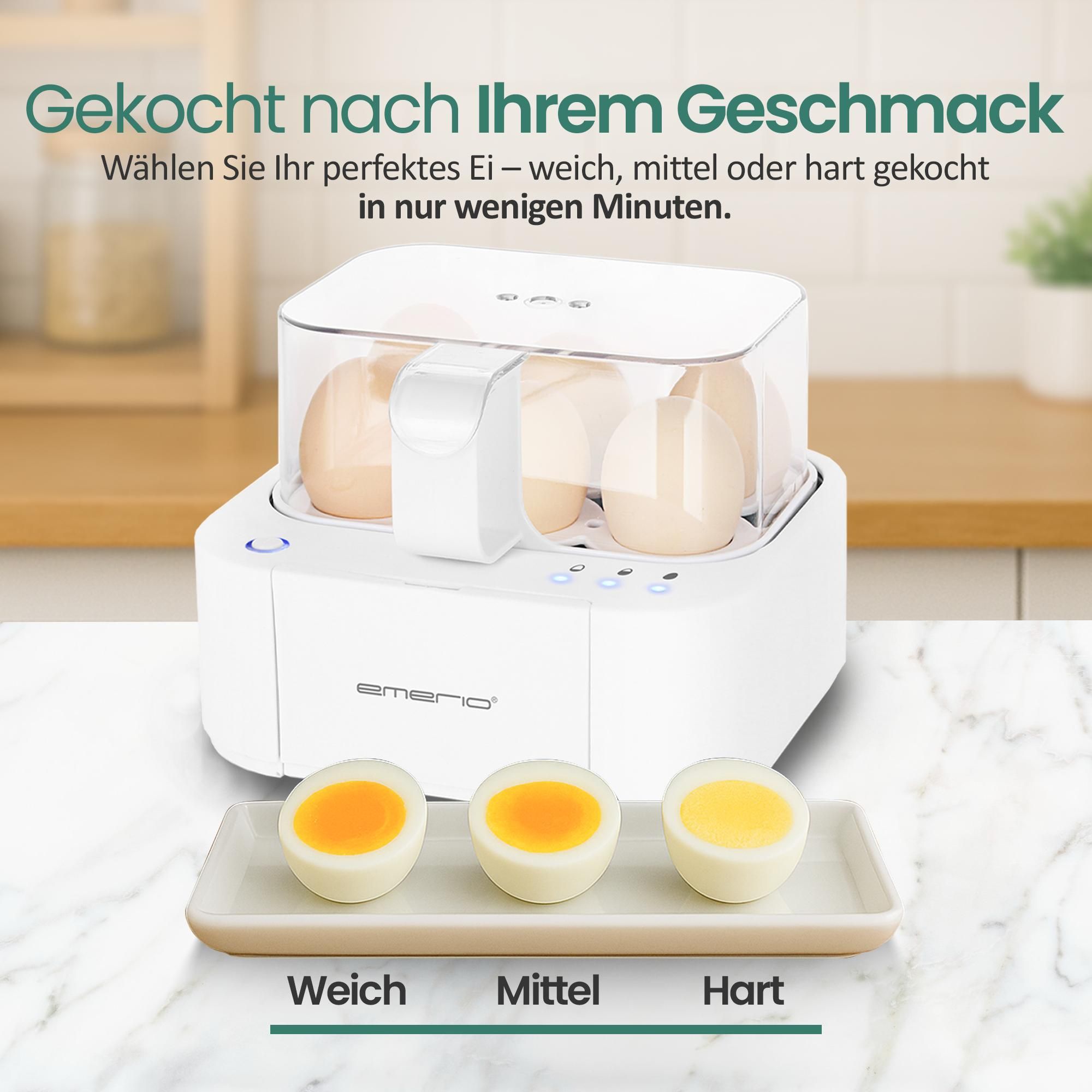 Emerio Smart Eierkocher - 6 Eier, 400W – Sprachansagen mehrsprachig (inkl. Deutsch) – weich/mittel/hart kochen – inklusive Messbecher - EB-115560.14