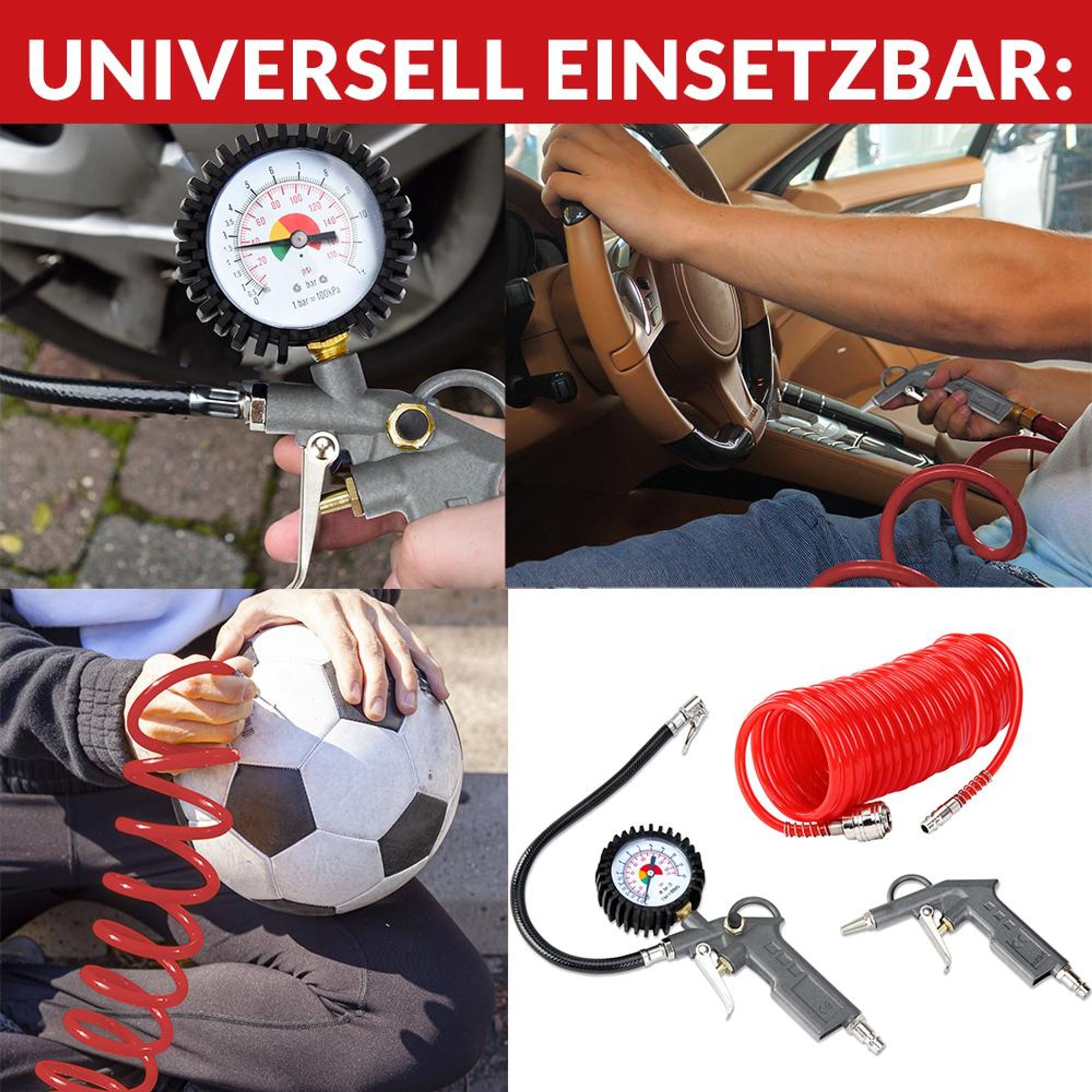 DEUBA® Druckluft Set 3tlg. 12 bar Für Gängige Kompressoren 5m Schlauch Schnellkupplung Manometer Ausblaspistole Reifenfüller Luftdruckprüfer Werkzeug