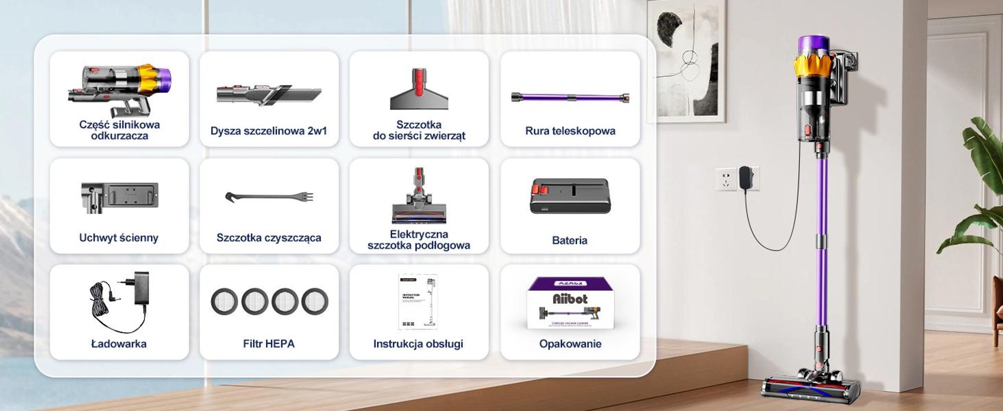 Odkurzacz bezprzewodowy Aiibot 8w1 76000Pa 600W 70Min, inteligentny wyświetlacz, szczotka antysplątaniowa, 3 prędkości, 1.8L pojemnik na kurz