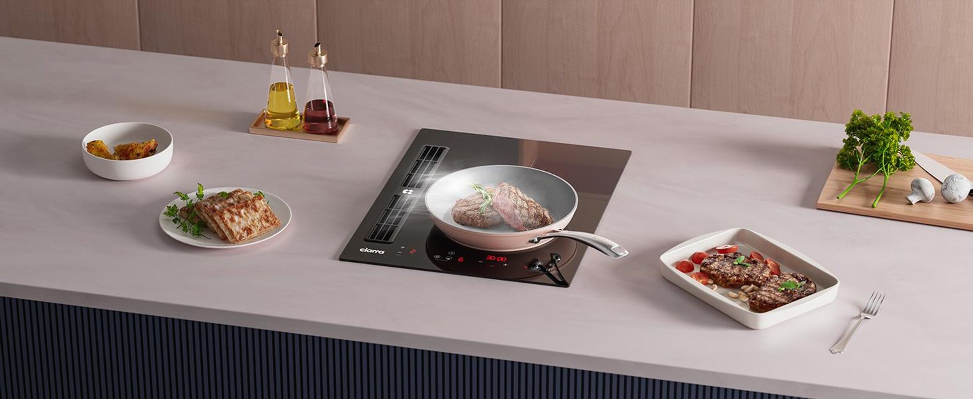 Plaque de cuisson à induction CIARRA avec hotte intégrée, 39 cm, système Plasma⁺, filtre à zéolite, fonction Boost pour une cuisson plus rapide, 2 zones de cuisson, modèle CBBEH392B