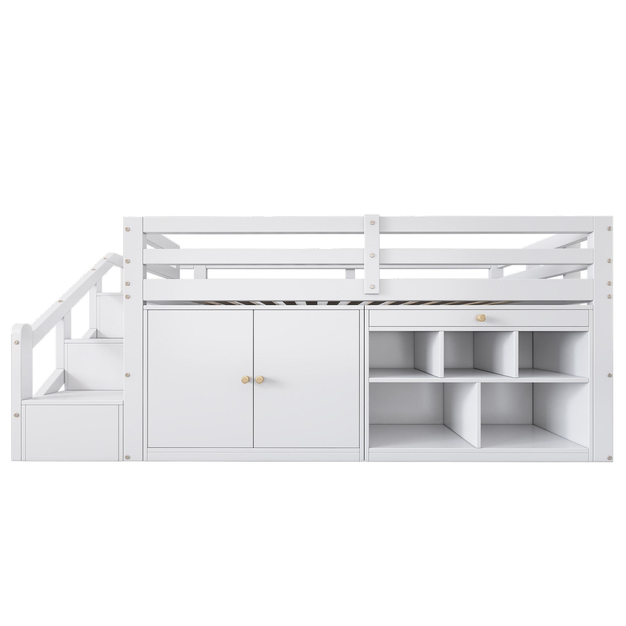 Flieks Etagenbett 90x200cm mit Schrank, Hochbett mit Leiter und Treppe, Kinderbett Stockbett Einzelbett mit Rausfallschutz, Holzbett für Kinder, Weiß