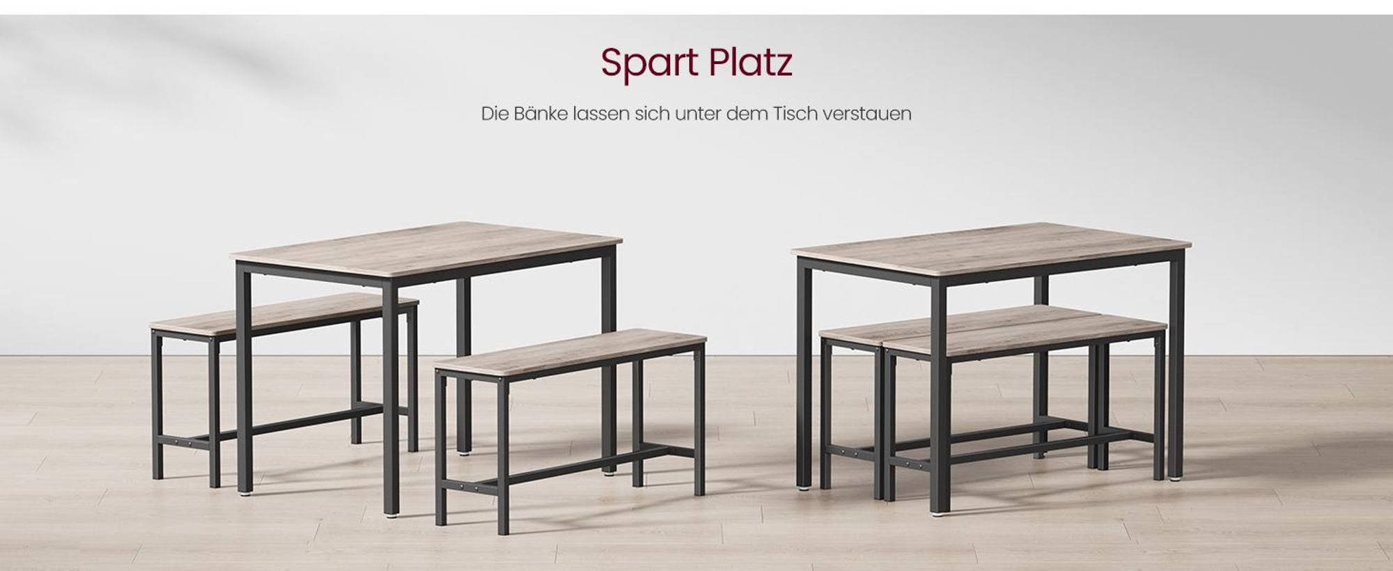 VASAGLE Esstisch, Küchentisch-Set mit 2 Bänken, 3er-Set, 110 x 70 x 75 cm, Greige meliert-Tintenschwarz
