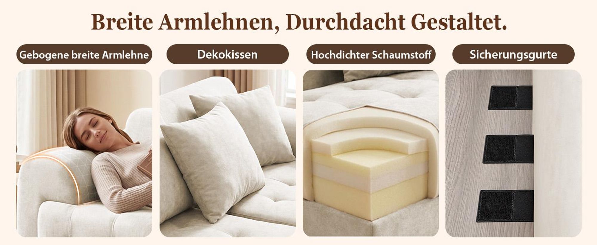 COMHOMA Sofa 2 Sitzer, 180 x 86 x 40 cm Bodensofa, Couch mit Rückenlehne, Kissen und Armlehne, Modernes Stoffsofa für Wohnzimmer, Wohnung, Büro, beige