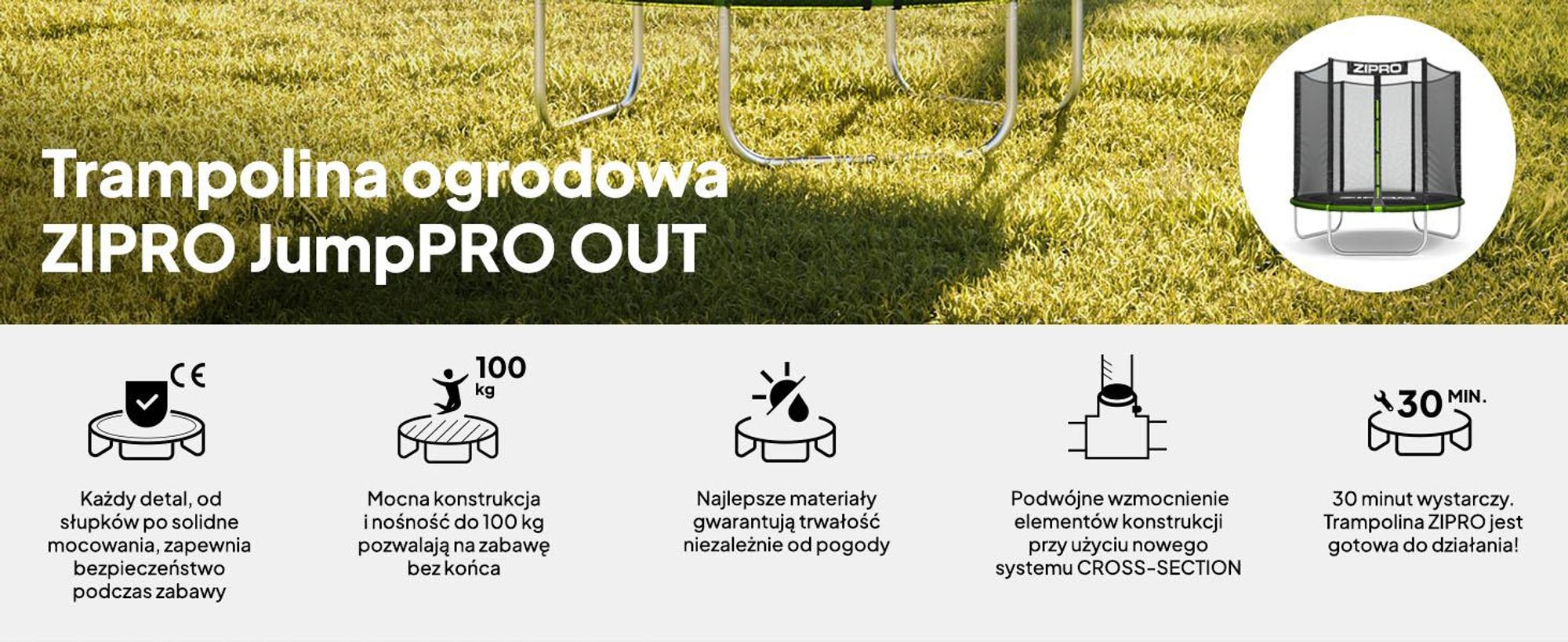 Trampolina ZIPRO Jump Pro Out | 6 stóp (Ø 183 cm) | Trampolina ogrodowa dla dzieci – kompletny zestaw z siatką zabezpieczającą, osłoną krawędzi, do użytku na zewnątrz, kolor zielony