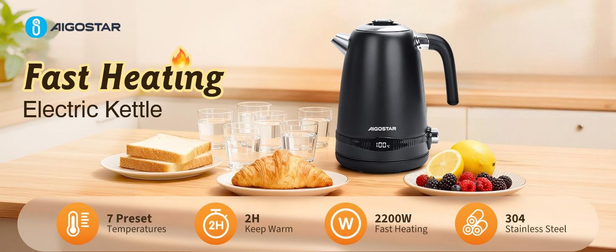 Aigostar - 1,7 Liter 2200W Digitaler Edelstahl Wasserkocher mit Temperatureinstellung 40-100℃, Schwarz
