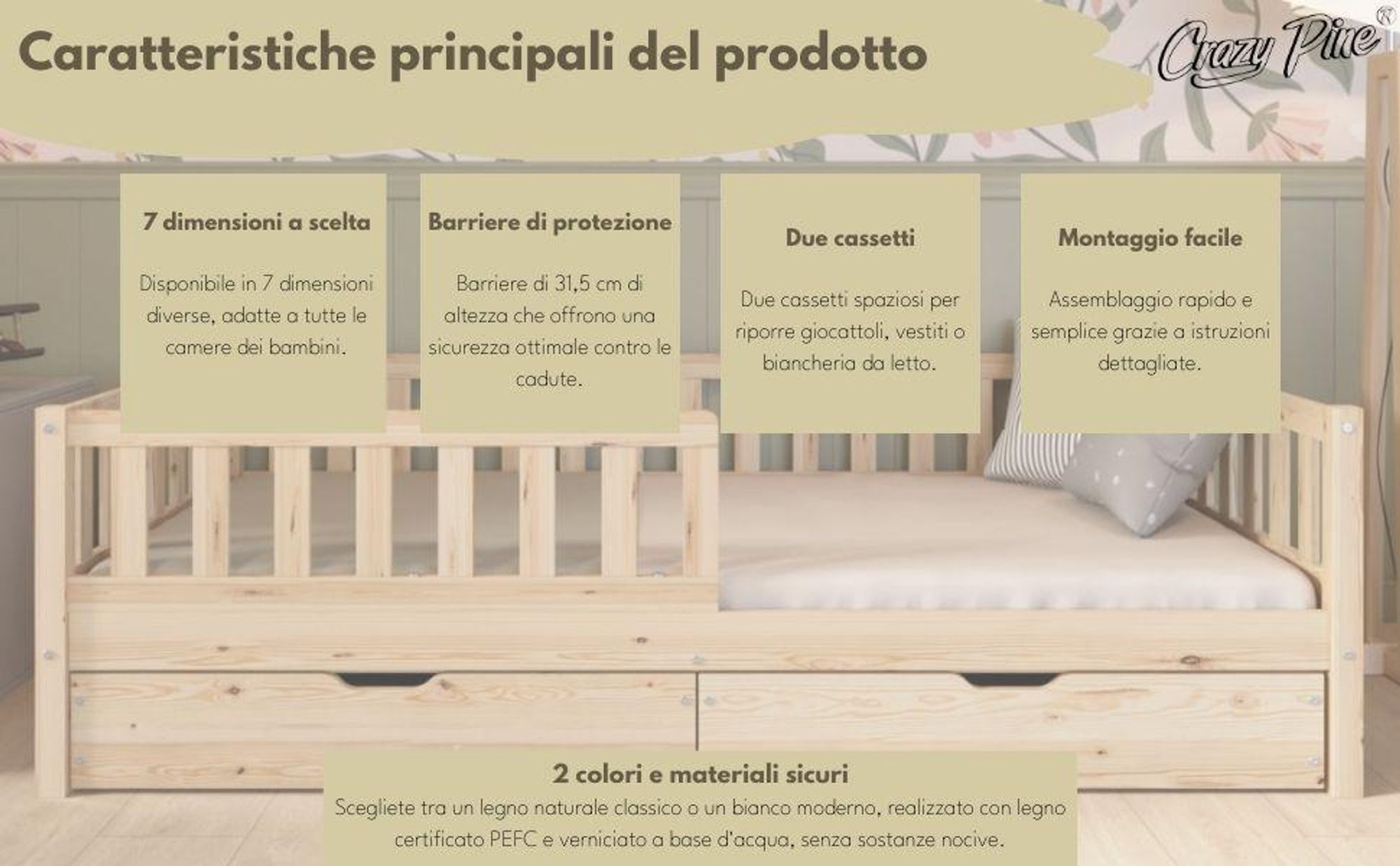 Crazy Pine Letto per bambini con cassetto 80x160 cm - Letto da pavimento Montessori in legno massiccio con protezione anticaduta - Crazy Basic