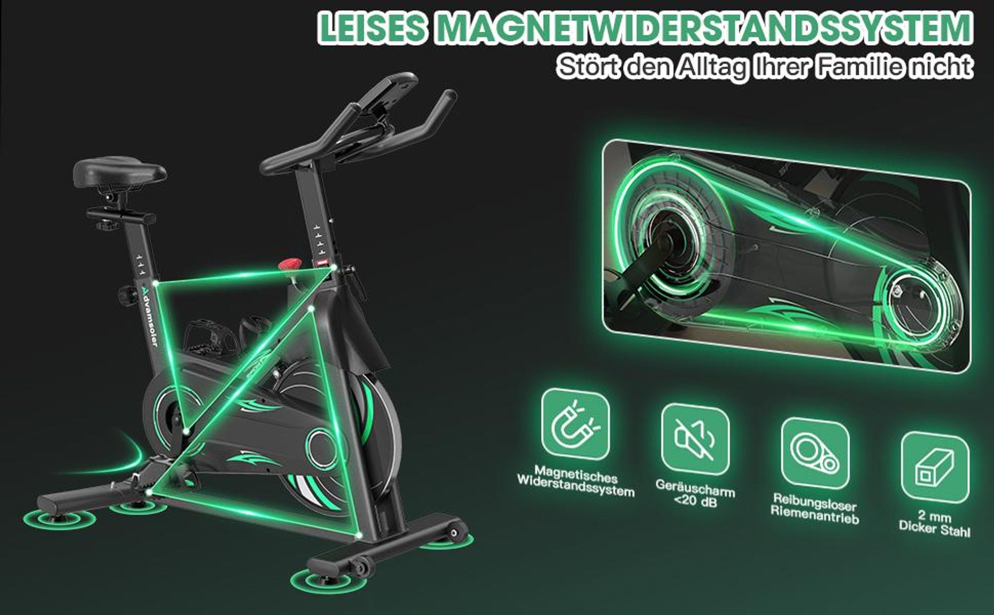 Heimtrainer Fahrrad mit App, Advamsoler Leises Hometrainer Fahrrad mit Magnetwiderstand, LCD Display & Tablet-Halter für Zuhause, Bis 160KG