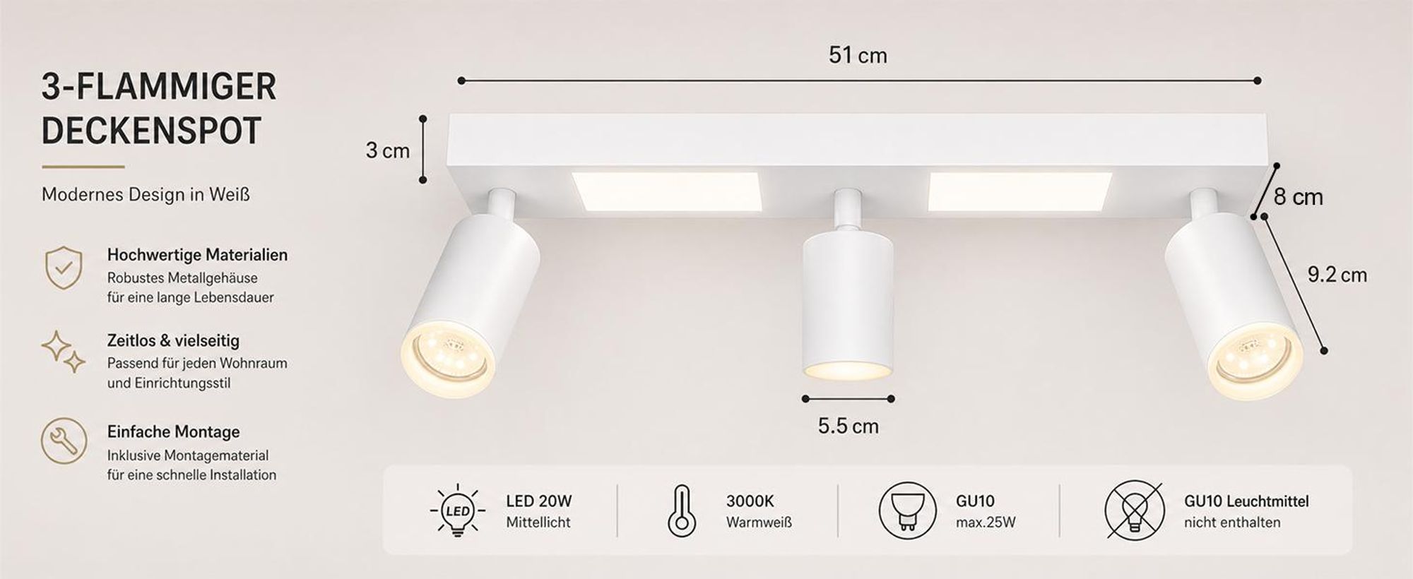 ZMH Deckenleuchte Led Deckenspot 3 Flammig GU10 Schlafzimmerlampe 3000k Weiß Küchenlampe 20W Deckenstrahler Schwenkbar Flurlampe Metall für Küche Büro