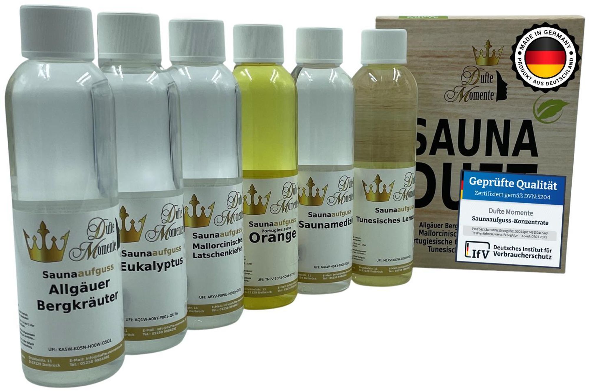 Saunaaufguss Set   6 x 250ml Bergkräuter, Eukalyptus, Latschenkiefer, Orange, Saunamedizin