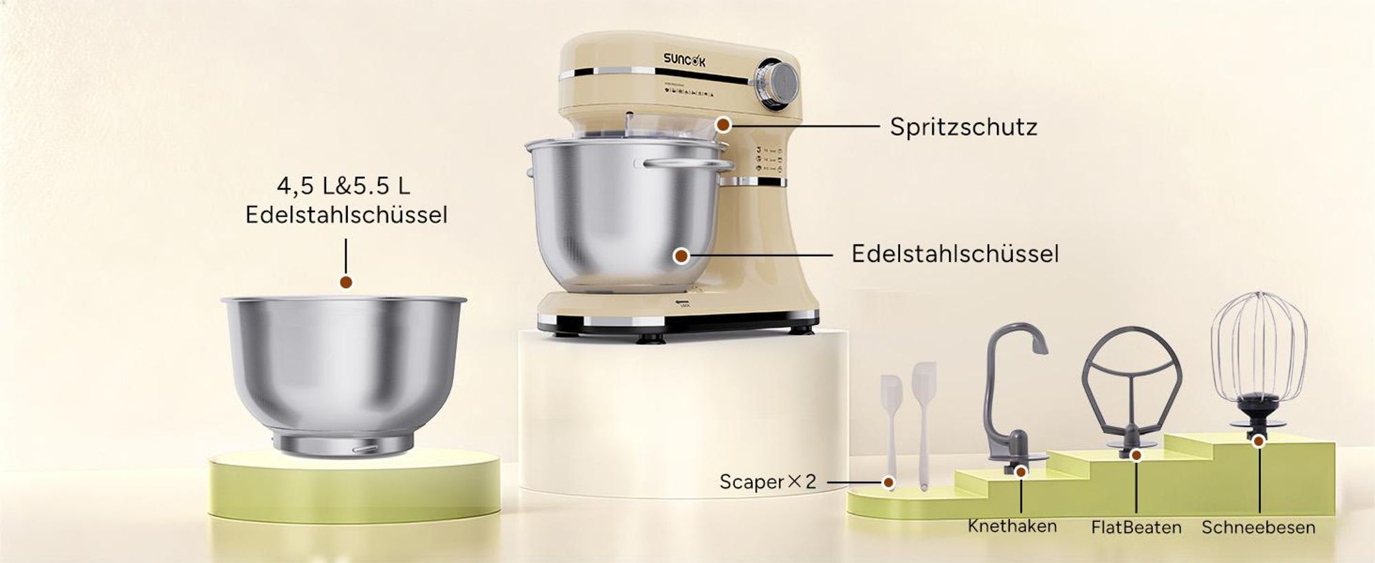SUNCOK Multifunktions Küchenmaschine,1500W, 2 Edelstahl-Rührschüssel 4.5L+5.5L, 12 Geschwindigkeiten, mit Rührhaken,Knethaken,Schneebesen,Spritzschutz