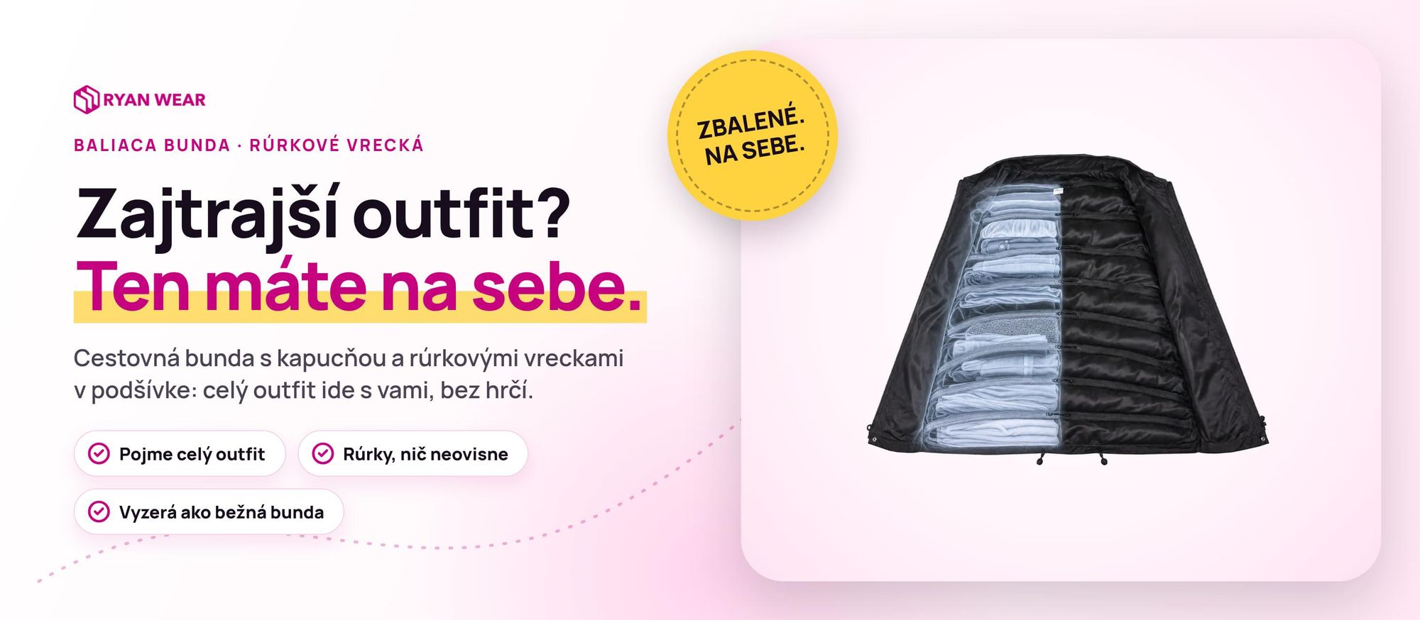 Baliaca bunda Ryanwear: uni cestovná bunda s kapucňou a rúrkovými vreckami na oblečenie
