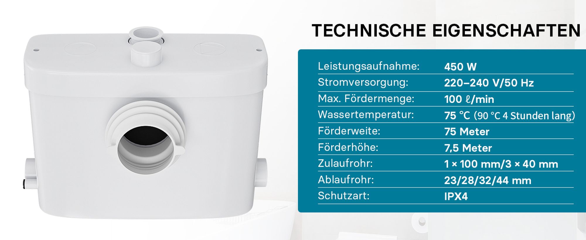 XPOtool 3/1 Kleinhebeanlage mit Frontanschluss, Hebeanlage 450 W mit Häcksler, Abwasserhebeanlage bis 7,5 m, Fäkalienhebeanlage für WC und Dusche