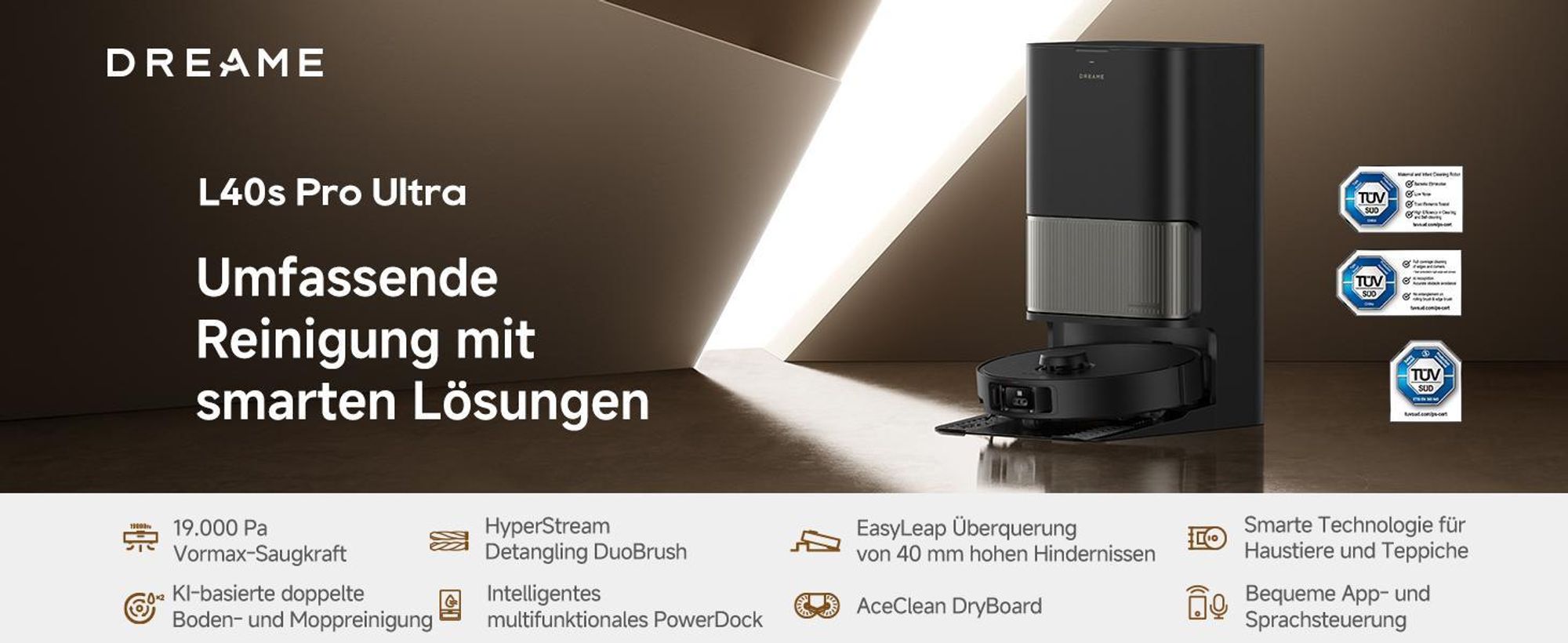 Dreame L40s Pro Ultra Staubsauger Roboter,selbstreinigende Ausfahrbare Wischmopps,19000Pa Saugkraft,Detangling DuoBrush,Hindernisvermeidung,Schwarz