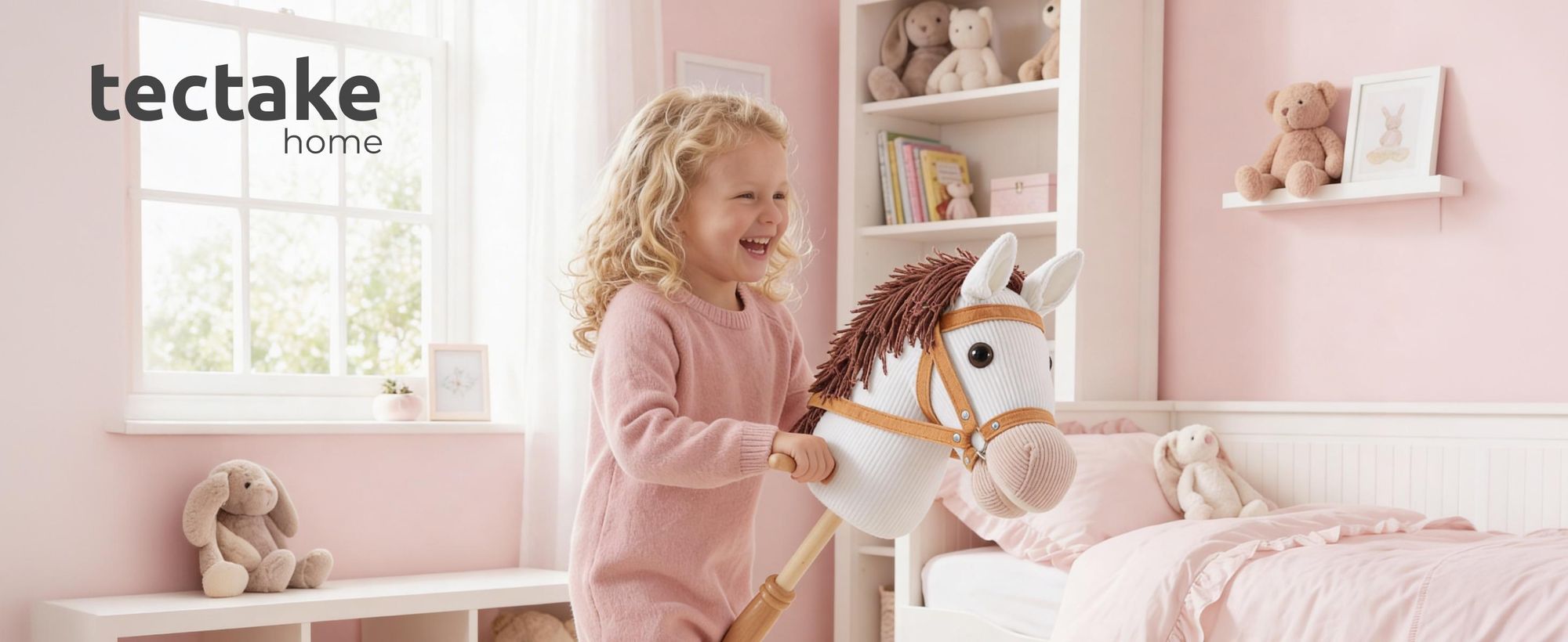 tectake® Hobby Horse Pferd | Steckenpferd mit Holzstab und Rollen 103 cm, Stockpferd für Kinder ab 24 Monaten