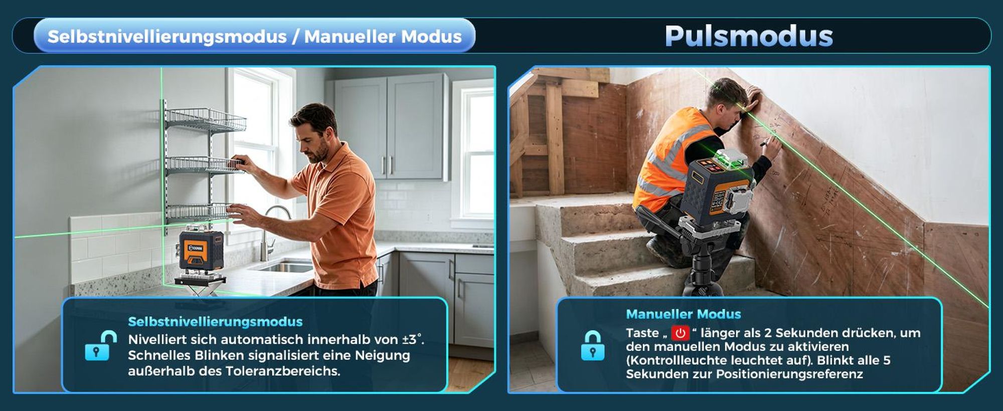 CIGMAN CMG16 Kreuzlinienlaser 4 x 360 Grad – App Steuerung, Grün, IP54