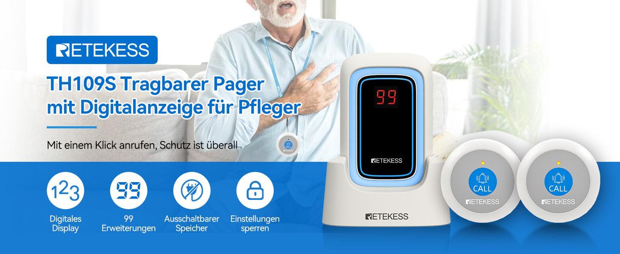 Retekess TH109S Pflege Pager, Drahtlose Rufglocke Für Ältere Menschen, 850 Fuß Reichweite, Einfach Zu Bedienen, Anpassbare Alarme, Häusliche Pflege