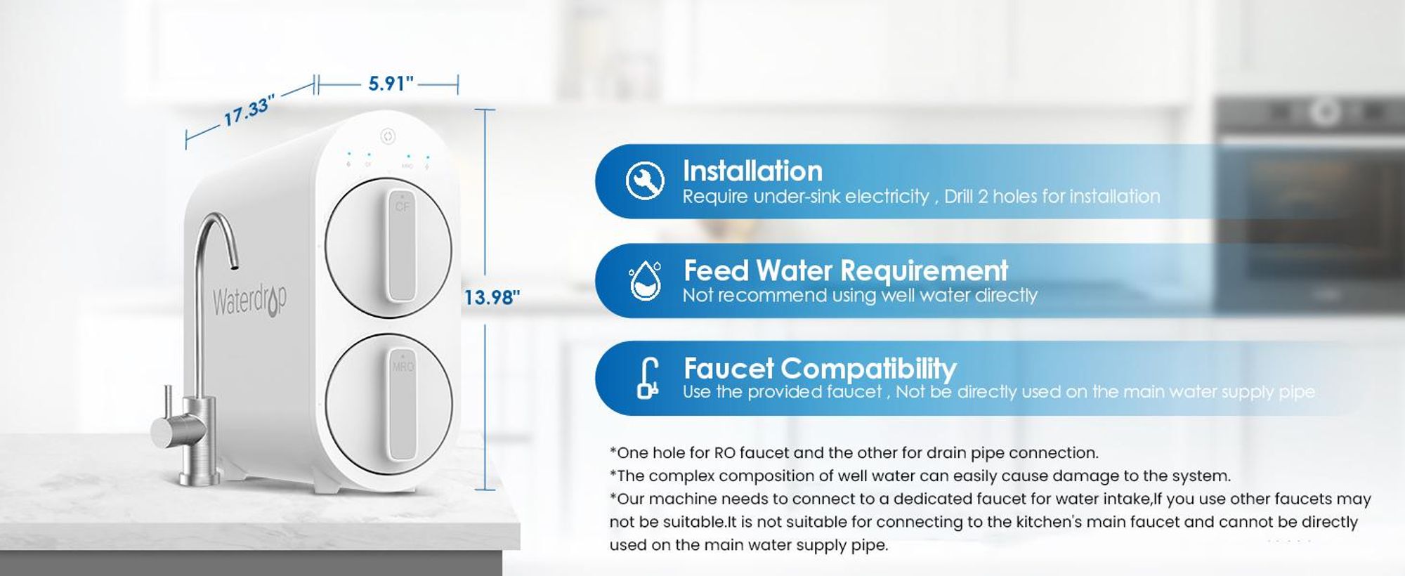 Waterdrop RO Umkehrosmose Wasserfiltrationssystem, 1: 1 Pure to Drain, Reduziert Wasserhärte und TDS, FCC-Gelistet, WD-G2-W, Weiß