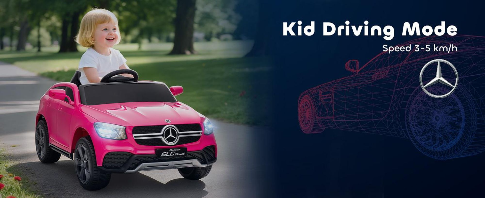 Samochód elektryczny dla dzieci AIYAPLAY 12 V Mercedes-Benz Concept GLC Coupe z pilotem, 2 silnikami, 3 prędkościami, pojazdem dziecięcym z miękkim startem, MP3, USB, diodą LED, klaksonem, dla dzieci w wieku 3-6 lat, różowy
