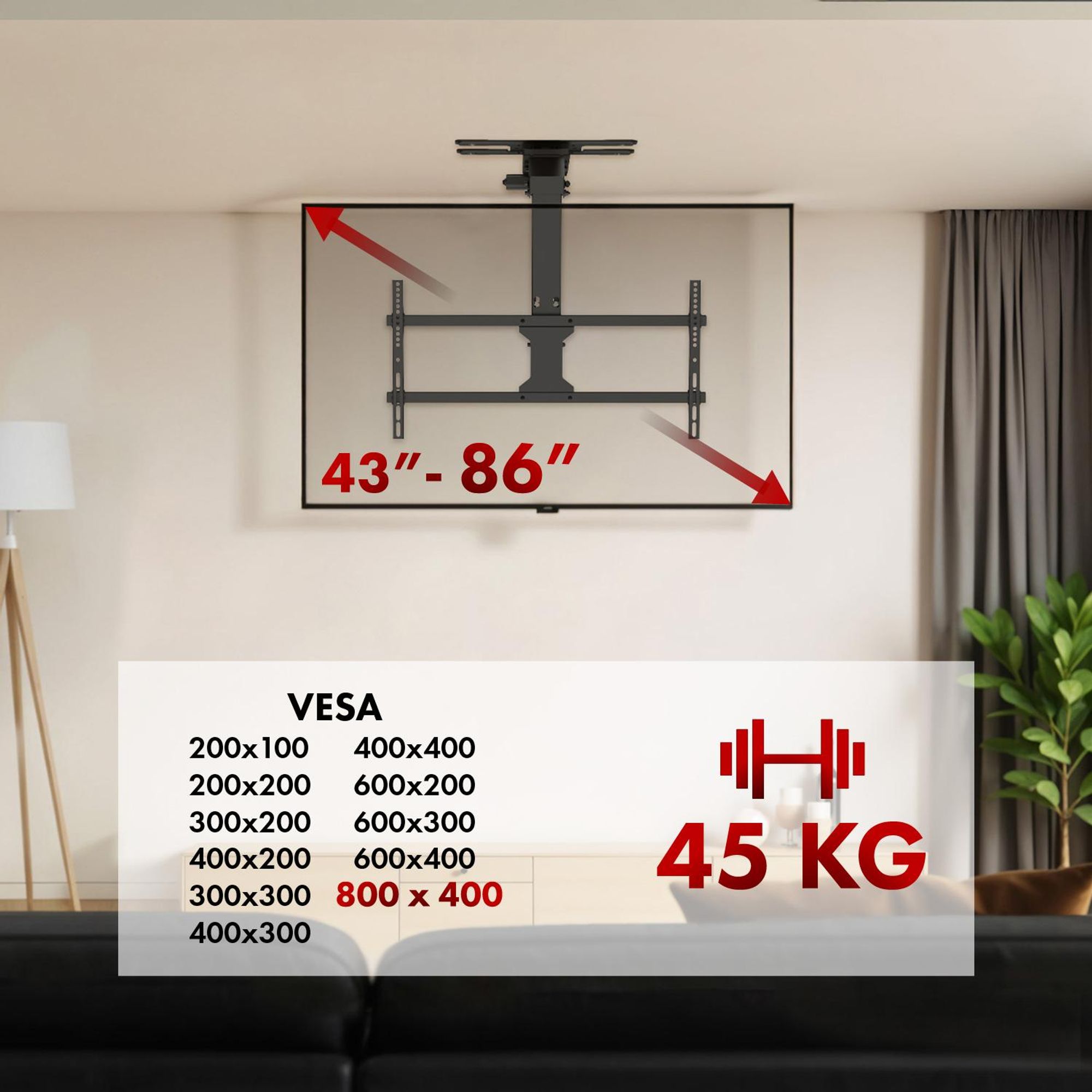 Elektrische Halterung für Maclean TV Decke Tuya-Support max. VESA 800x400 verstellbar +90°-90° für TV 43-86" max. 45kg MC-109 T