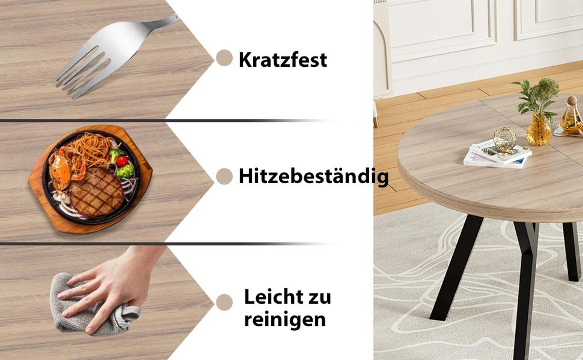 Ausziehbarer Esstisch rund zu oval, 3,5 cm dicke Tischplatte (1 Tisch), Metallgestell, modern & pflegeleicht, für Esszimmer & Küche