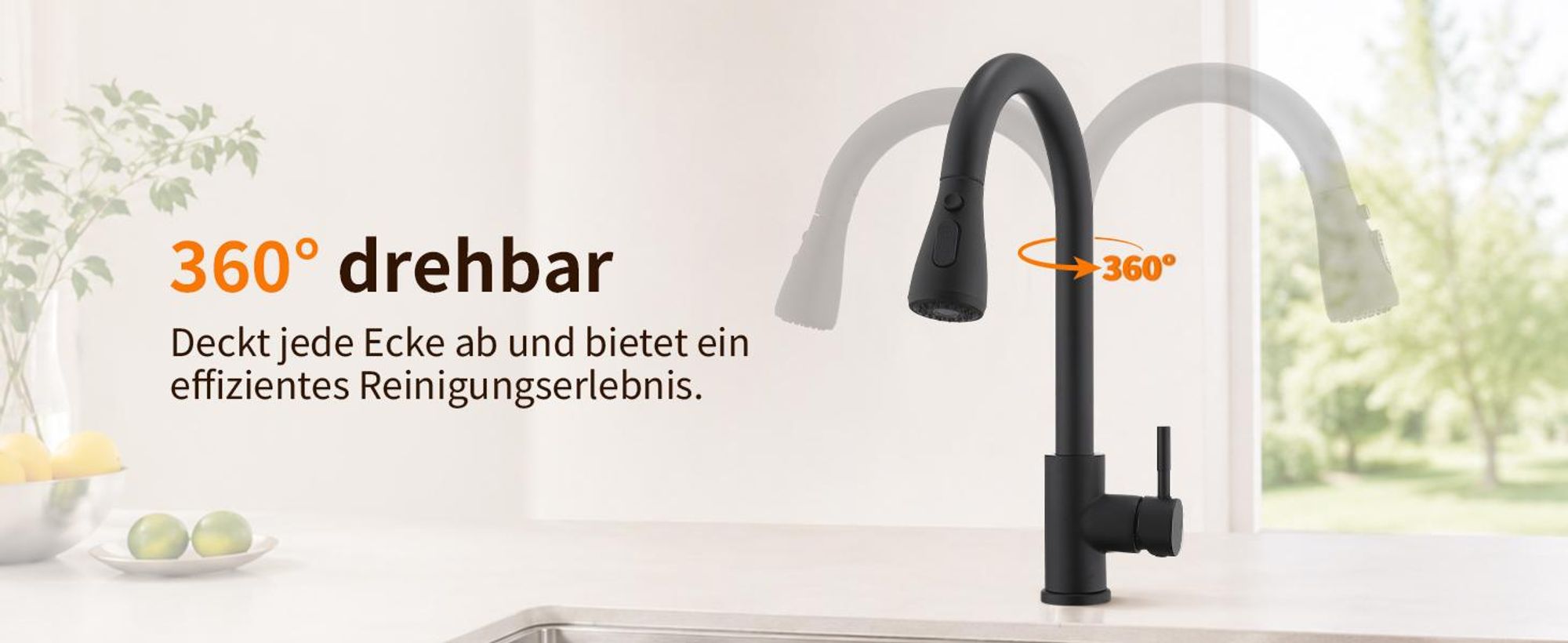 Homelody Schwarz Küchenarmatur Spültischarmatur mit Brause 35cm, Wasserhahn Küche Ausziehbar mit Zwei Wasserstrahlarten, 360°Schwenkbar, Edelstahl 304