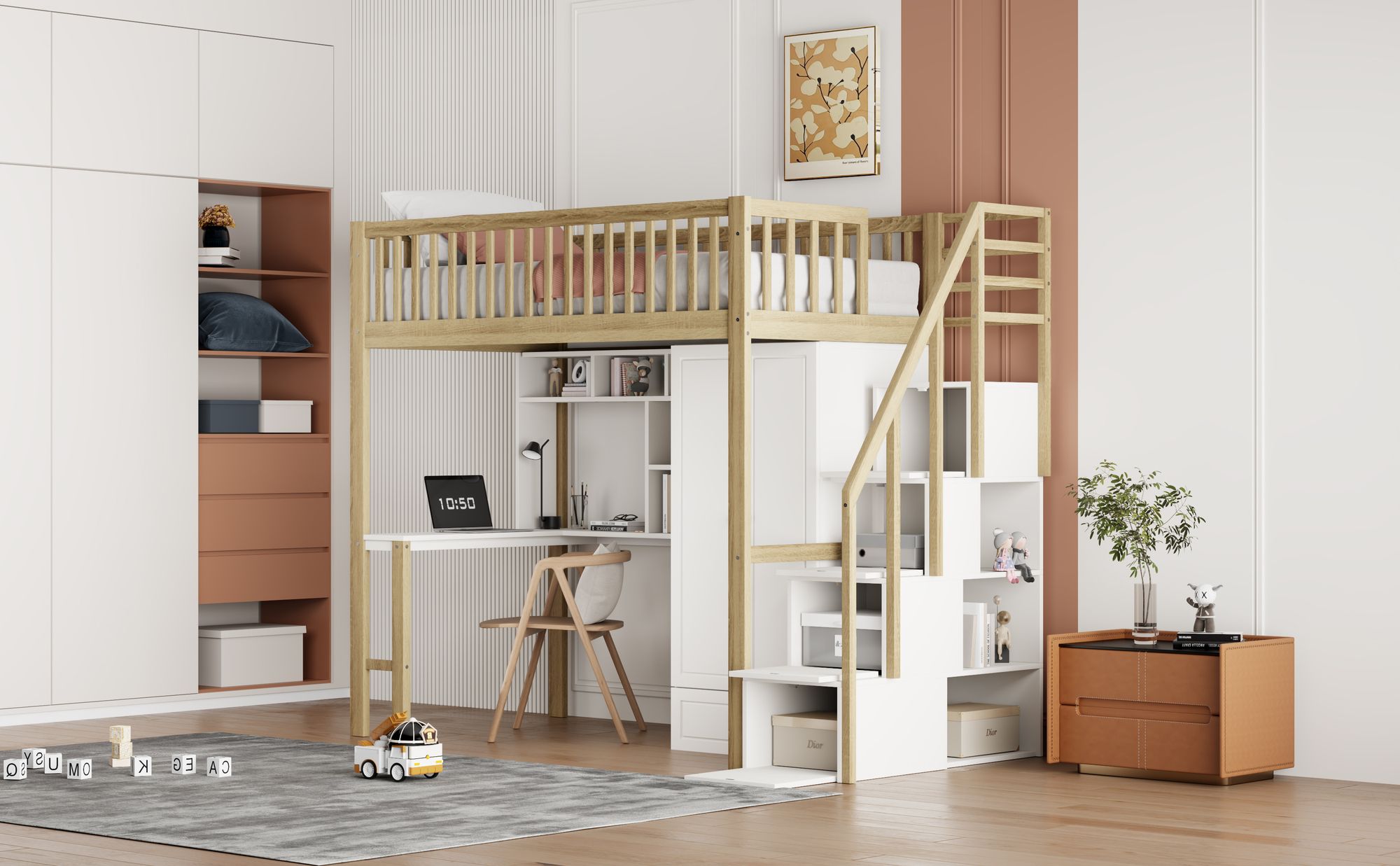Merax Etagenbett 90x200cm mit Kleiderschrank, Hochbett mit Schreibtisch und Regal, Kinderbett mit Stauraumtreppe und Rausfallschutz, Holz Stockbett
