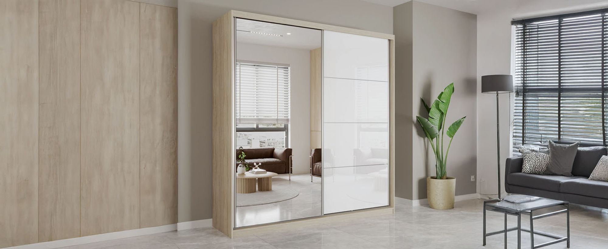 Schwebetürenschrank Kleiderschrank Schrank 203cm Sonoma/Weiß semigloss mit Spiegel und Zierleisten Pola 35