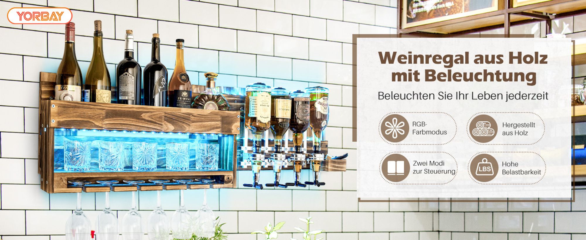 Yorbay Weinregal mit LED-Licht Palette beflammt Holz, Wandbar mit 4 Getränkespender Wand Flaschenhalter Flaschenhalter, Vintage, Geschenk
