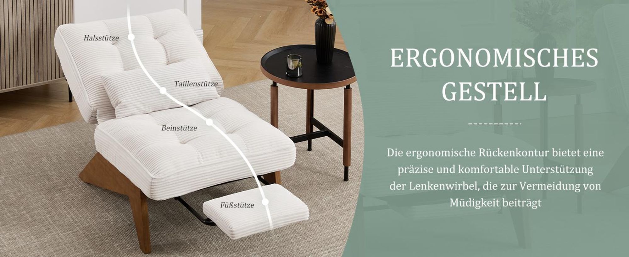 LVHOM Relaxsessel mit Liegefunktion, Loungesessel mit verstellbarer Rückenlehne, Bodensessel aus Cordstoff und Massivholz, für Wohnzimmer, Büro, Grün