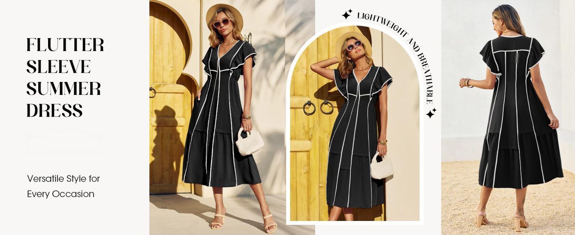 Langes Damenkleid, V-Ausschnitt, Rüschenärmel, farblich abgesetztes Design