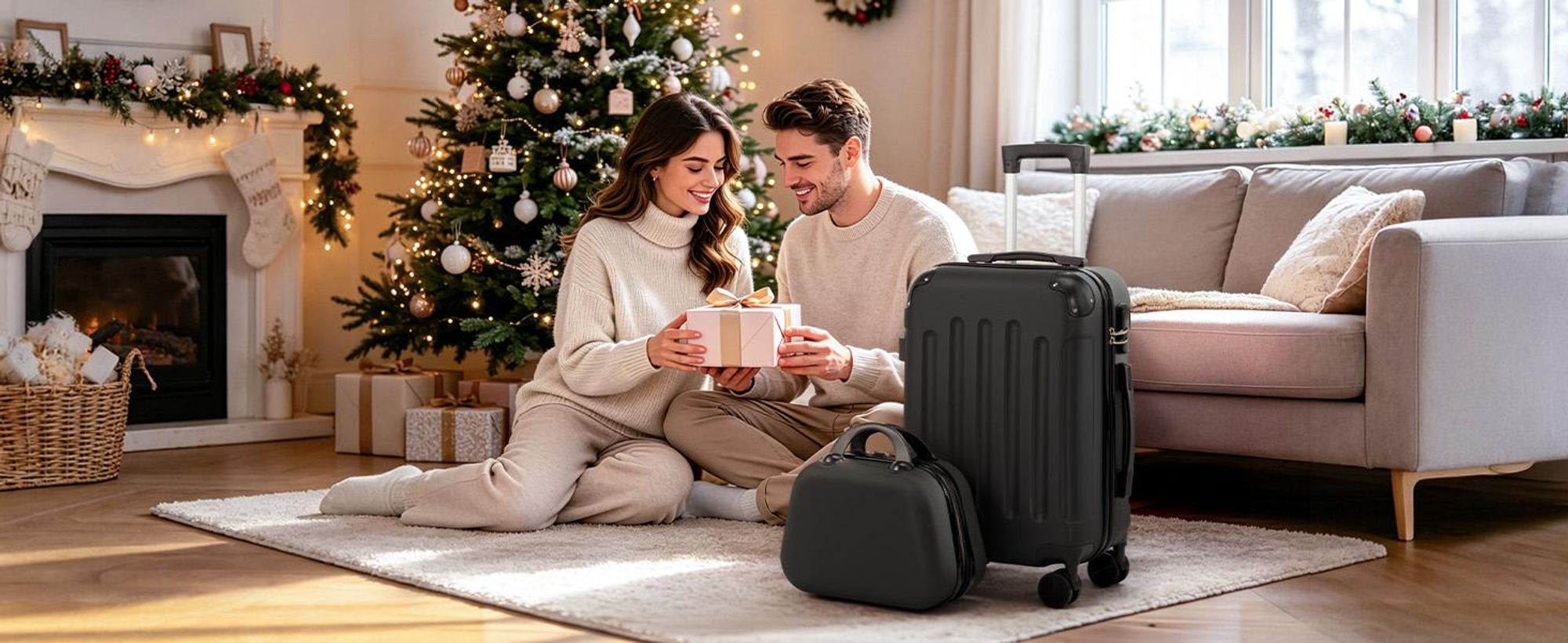 FCH 2tlg. ABS Hartschalen Kofferset 12/20 Zoll, Trolley mit 4 Rollen und Tragegriff, Eckschutz, Teleskopgriff, Schwarz