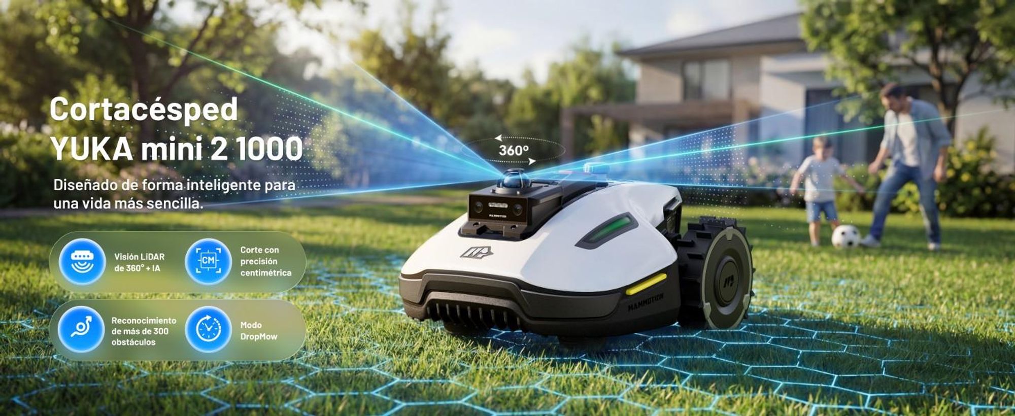 Cortacésped Robótico Mammotion YUKA Mini 2 1000 con garaje y soporte de lavado, sin cable, para 1000 m², DropMow, mapeo automático, corte de bordes