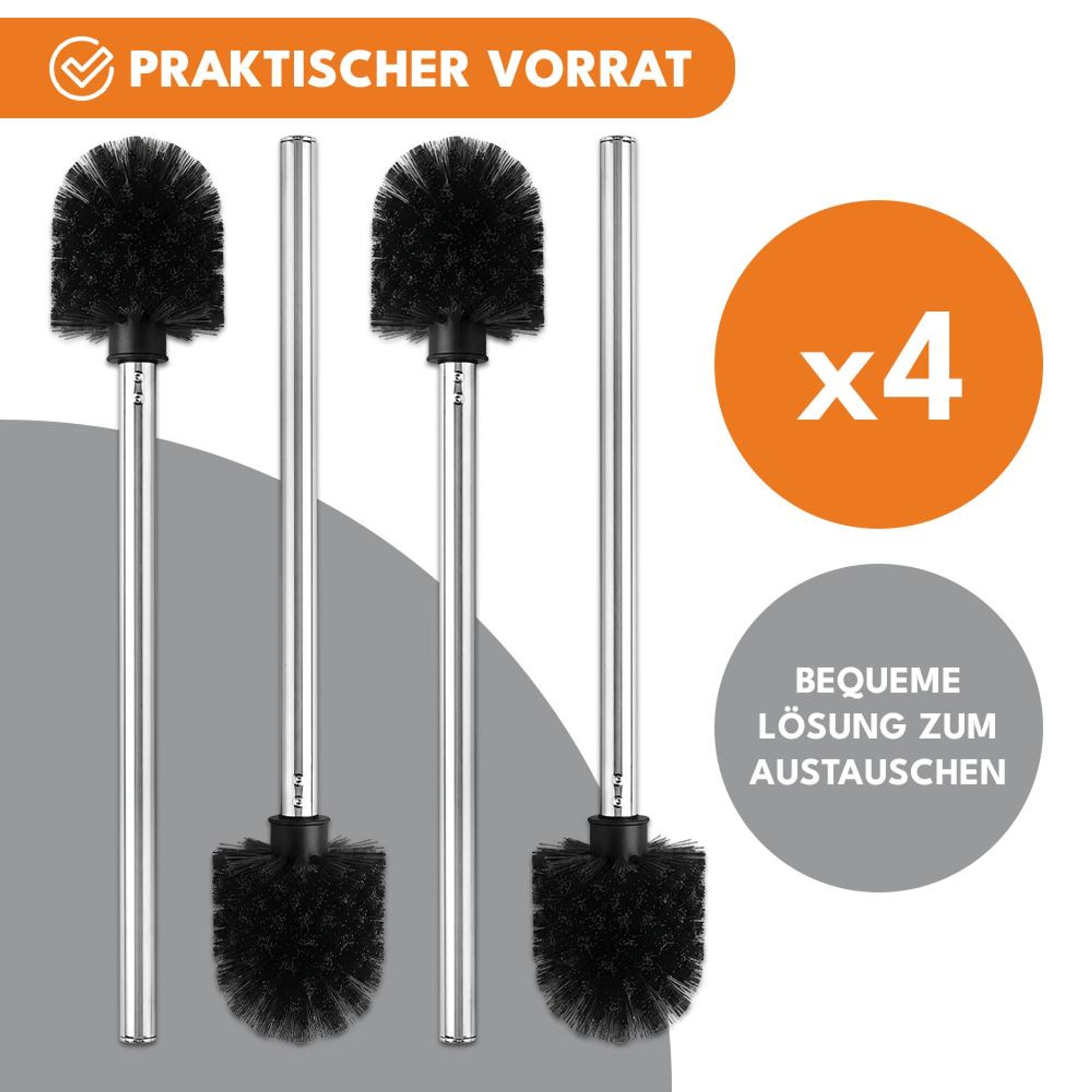 KRUMAD WC Bürsten Set 4 Stück, Toilettenbürste mit PP Borsten und Metallgriff, Klobürste mit austauschbaren Aufsätzen, schwarz für Badezimmer
