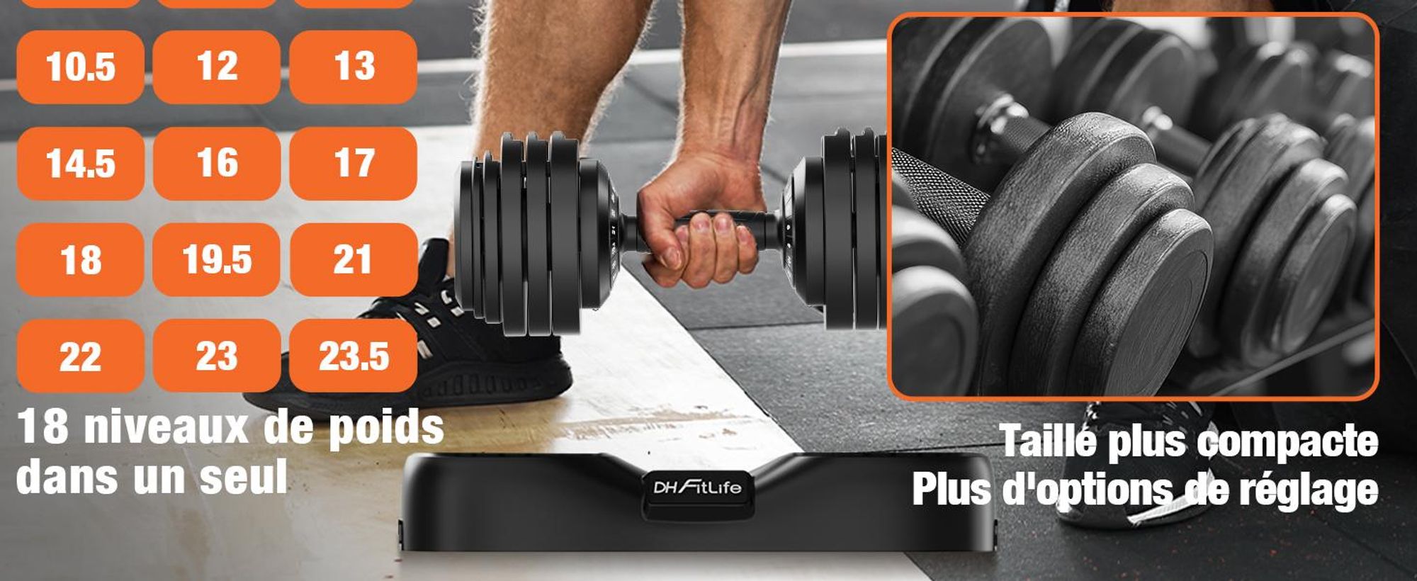 DH FitLife 2026 Neu Paire d’Haltères réglables 2,5 à 25 kg, 18 niveaux de poids, Set avec poids, Haltères ajustables pour hommes et femmes