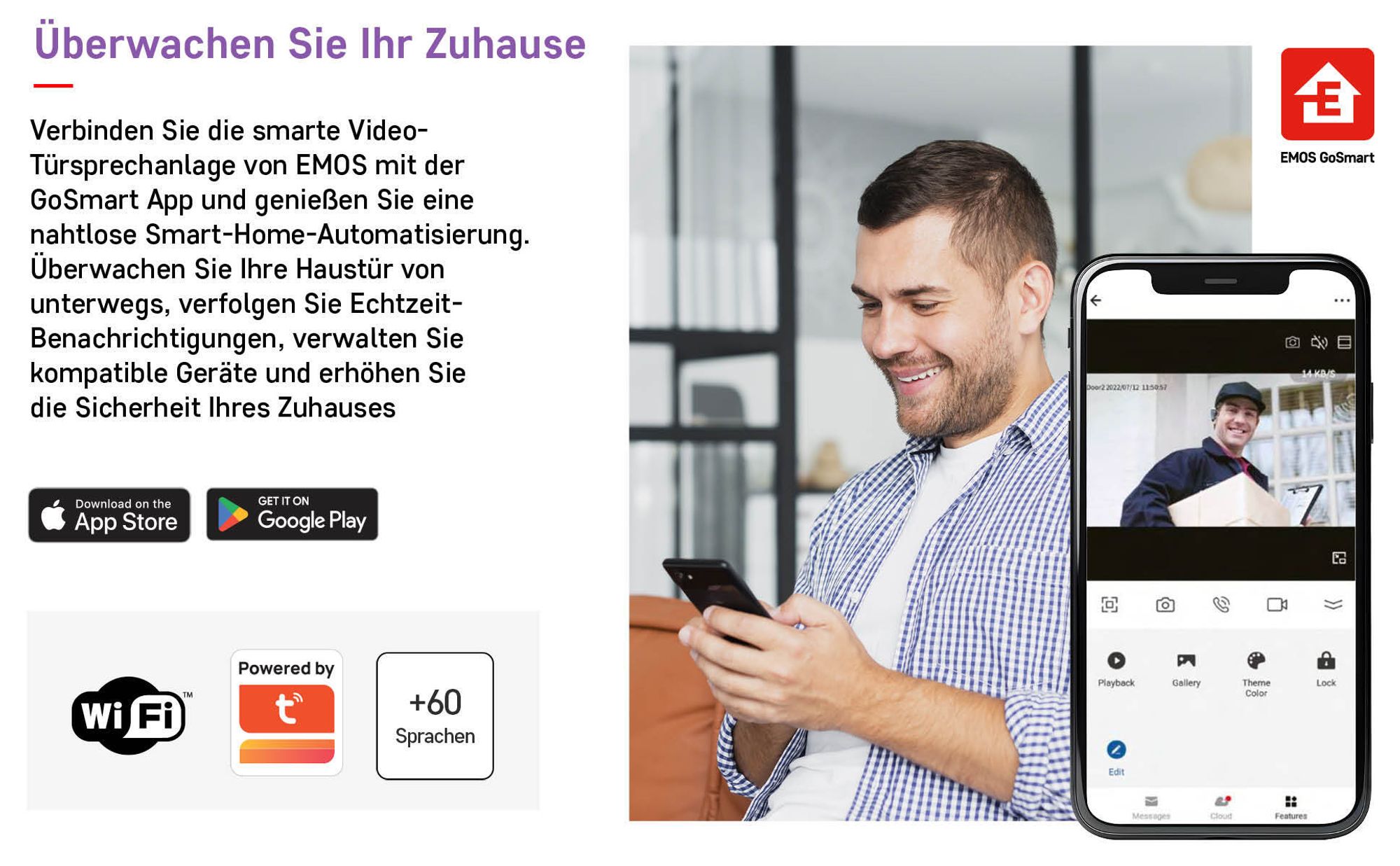 EMOS GoSmart Video-Türsprechanlage mit WiFi und App, wasserdichte Full-HD Kamera (2MP/1080p) mit RFID-Chips, Monitor mit 7'' LCD-Farbdisplay, H4020
