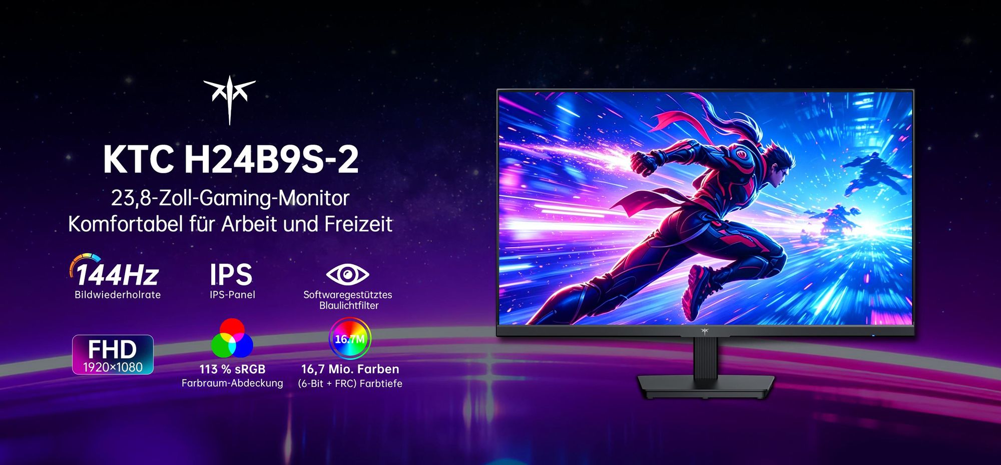 KTC H24B9S-2 Gaming Monitor 23,8 Zoll Full HD 144Hz Fast IPS HDMI VESA Flicker-Free Low Blue Light
