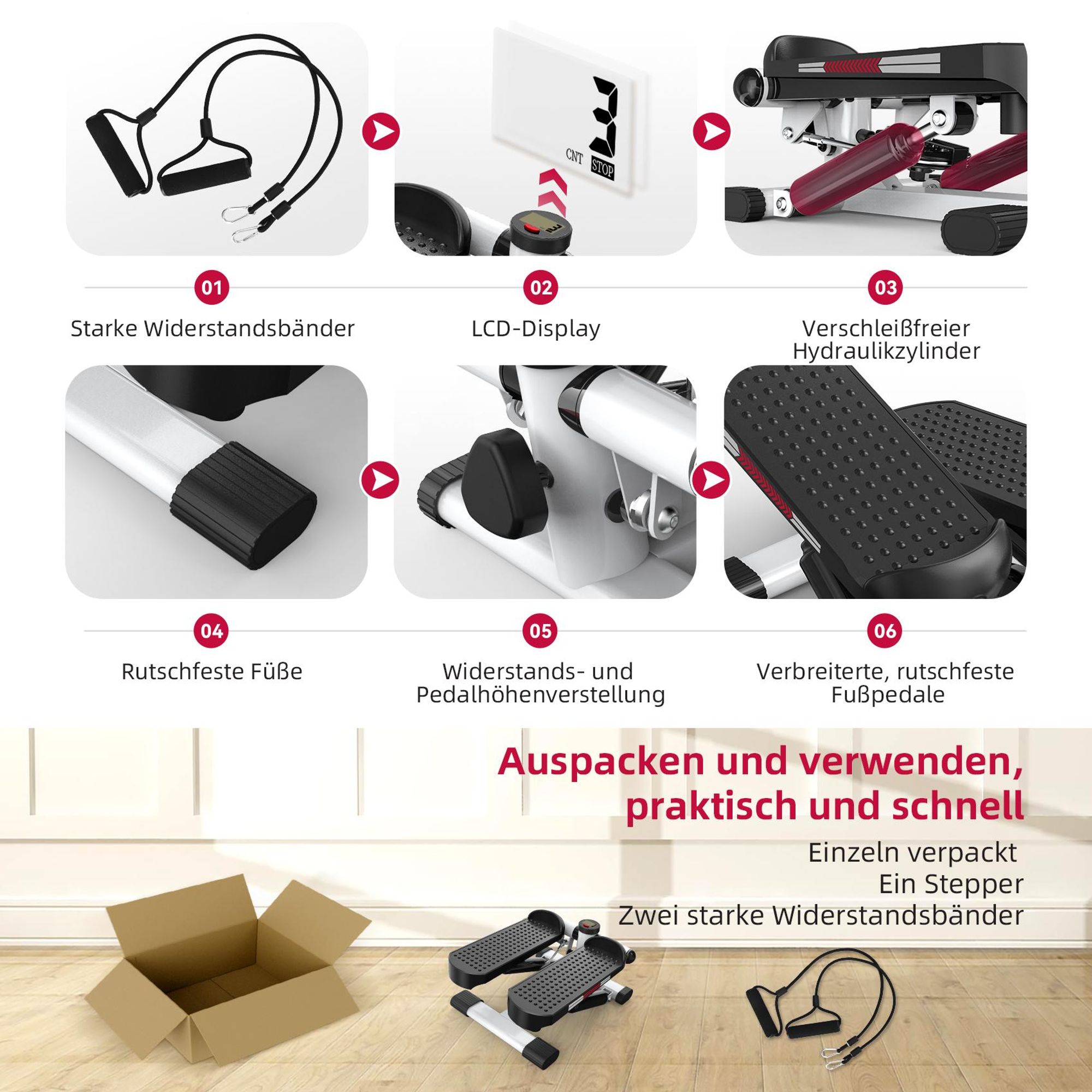JASPORT ST1 Mini-Stepper, 2-in-1 mit Power Ropes, LCD, Einstellbarer Widerstand, für Bein- & Armtraining, Leise & Kompakt, max. 100kg Belastung ,weiß
